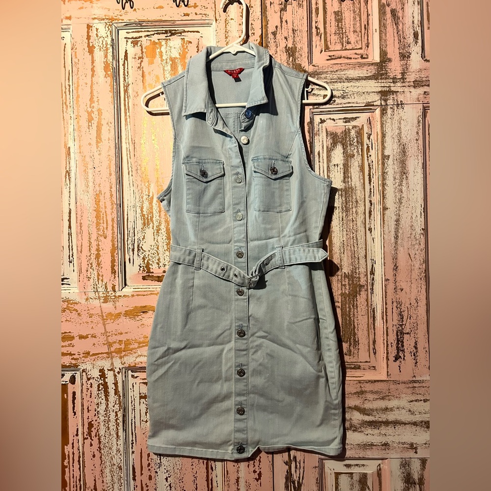 Guess Light Blue Denim Midi Dress Sleeveless Button-Front